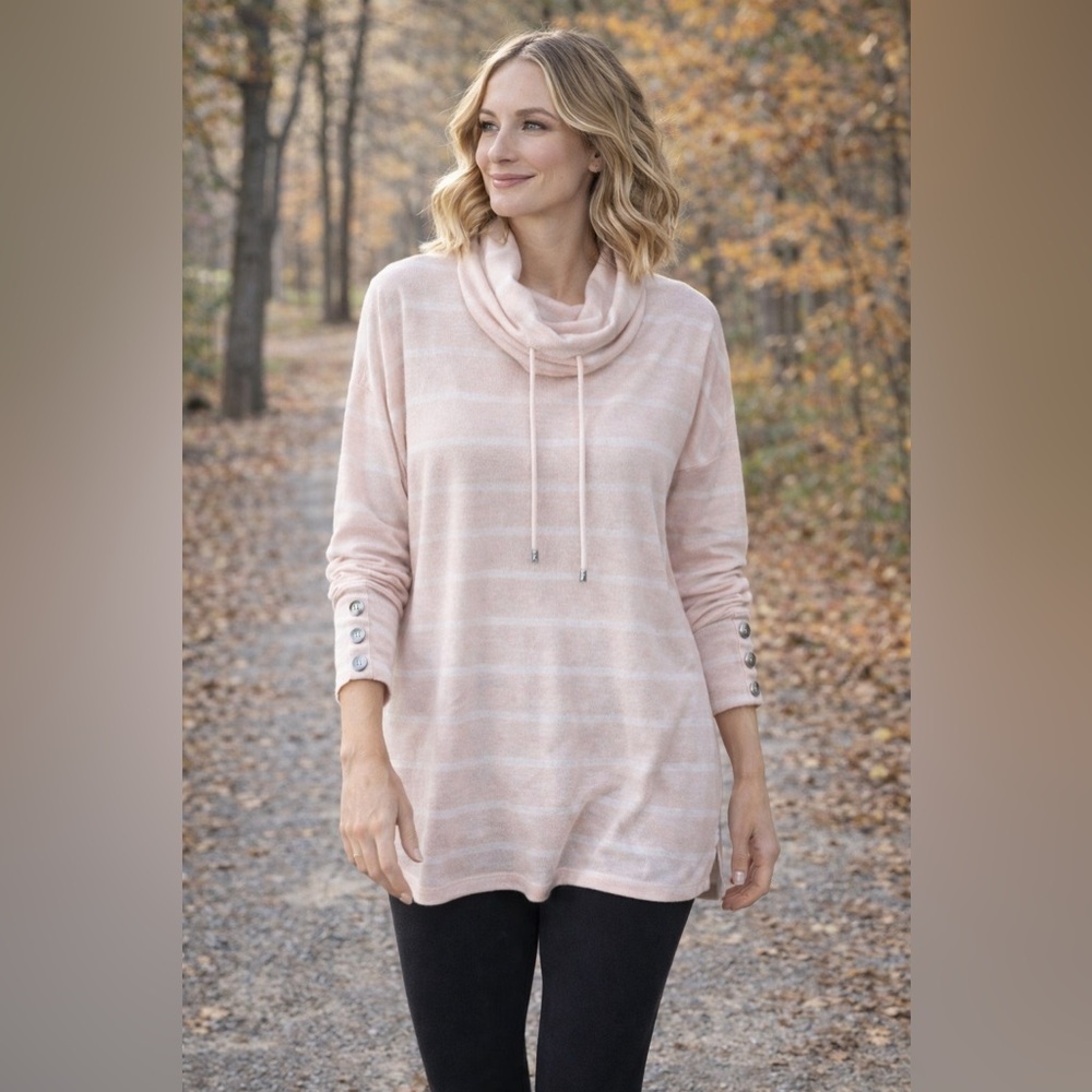 Ruby Rd Pink Plaid Cowl Neck Tunic Top Size LP Cozy Lounge Pullover